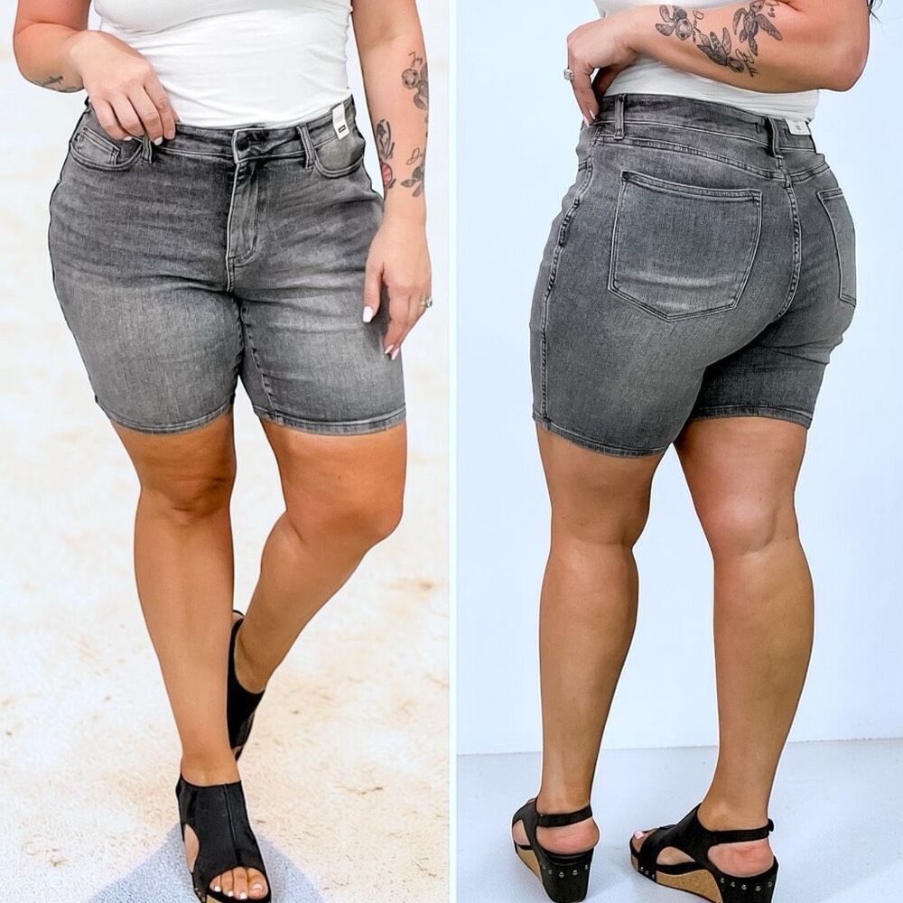 Judy Blue Jean Shorts | Gray Acid Wash High Rise Bermuda | Stretch Denim | NWT - Picture 2 of 16